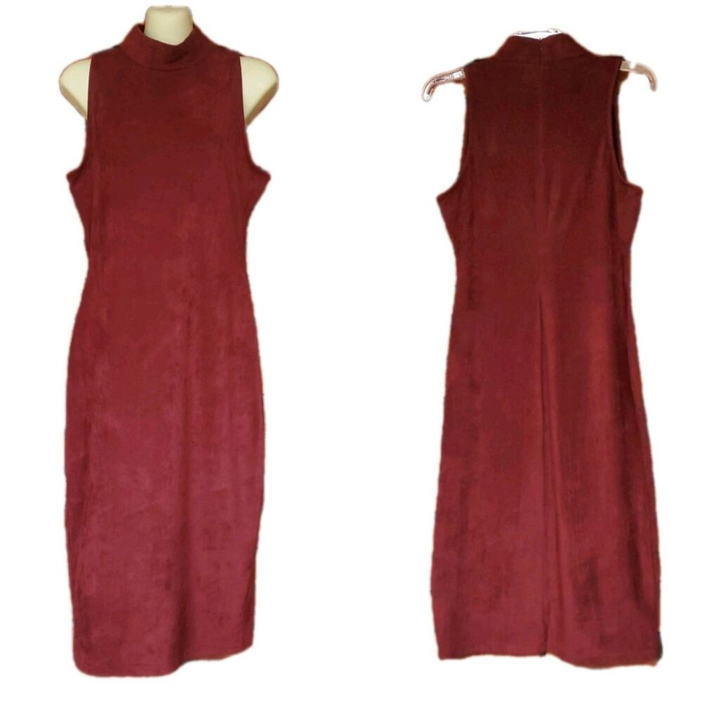 RD Style Faux Suede Sheath Dress Size M Sleeveless Mock Neck Burgundy Retro